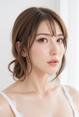 Young Female Model - Beautiful Woman with Perfect Features - Perfect Smooth Skin and Dark Brown Hair in a Bun - Brown Eyes and Plump Lips - White Top - Fashion, Cosmetics, Profile Portrait