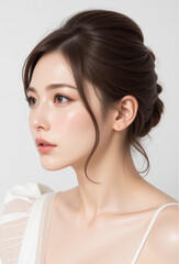 Young Female Model - Beautiful Woman with Perfect Features - Perfect Smooth Skin and Dark Brown Hair in a Bun - Brown Eyes and Plump Lips - White Top - Fashion, Cosmetics, Profile Portrait