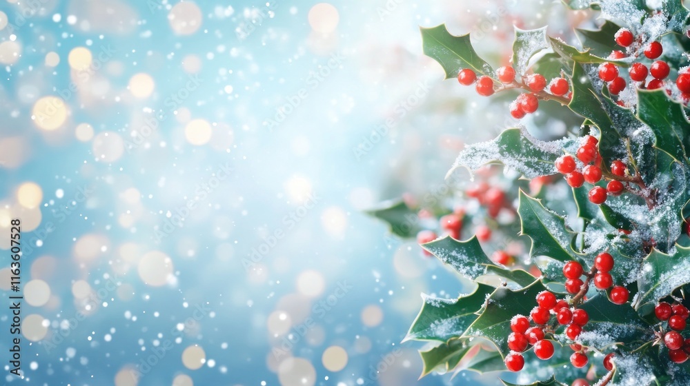 Aufkleber snowy holly branch with red berries on a winter bokeh background.
