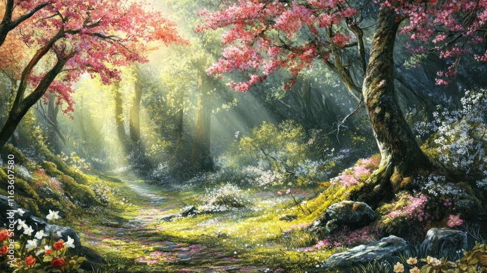 Poster Sunlit path through enchanting forest with blooming trees and flowers.