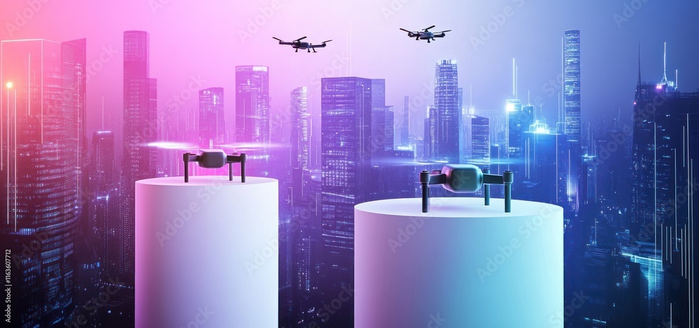 Poster Futuristic city skyline with drones on display stands.