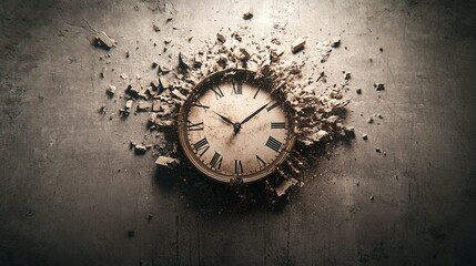 Fragmented Time, a clock face disintegrating into pieces, each revealing a unique historical era and its distinct characteristics.