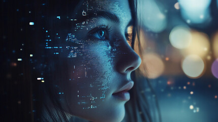 Young woman with digital projection on her face in a vibrant urban setting at night