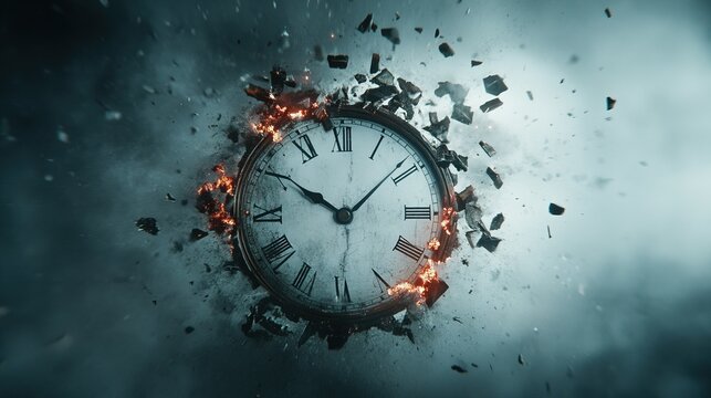 Fragmented Time, a clock face shattering into pieces, each segment revealing a unique historical era, symbolizing the passage of time