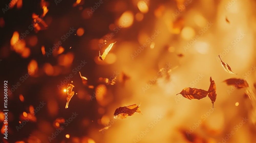 Aufkleber abstract autumn background with falling leaves and warm light.
