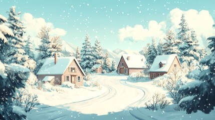 Fototapeta premium A peaceful winter scene depicts cozy houses nestled amidst snow-laden trees, creating a tranquil and serene ambiance.
