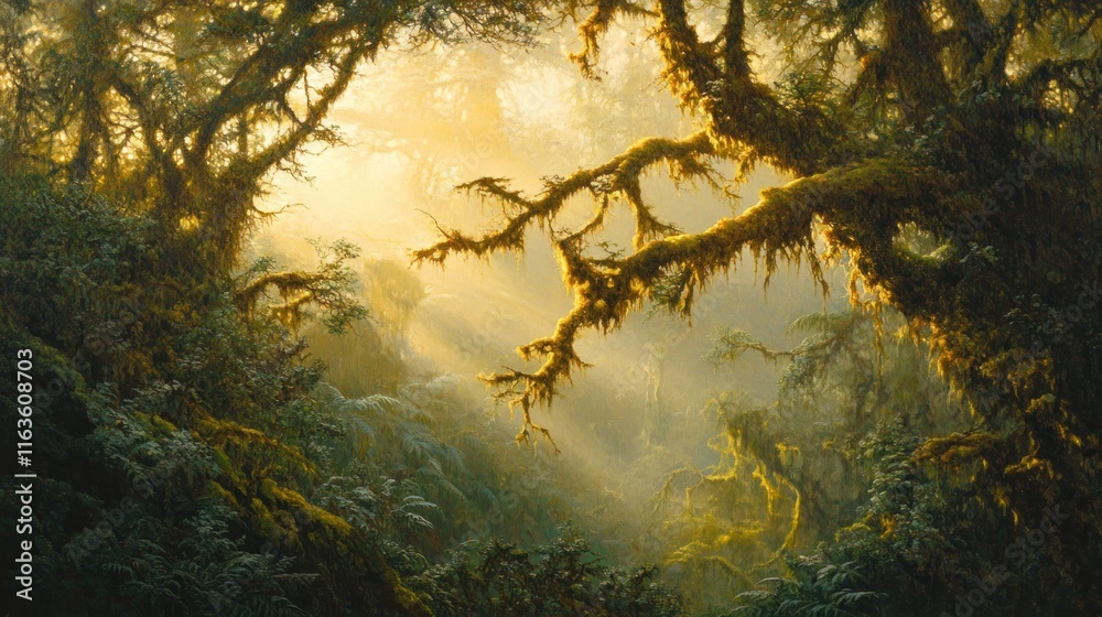 Aufkleber sunbeams illuminate a misty, moss-covered forest scene with lush vegetation and ancient trees.