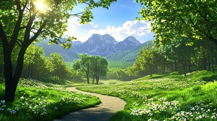 Naklejka premium Serene Spring Meadow Path Leading to Majestic Mountains