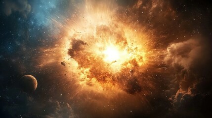 Fototapeta premium Galactic Fusion, a breathtaking spectacle of swirling galaxies intertwining, vibrant energy pulses, and celestial wonders colliding in the cosmos