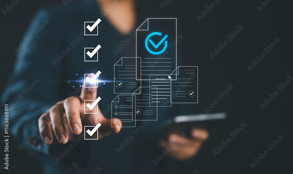 Poster Checklist business performance monitoring concept, Business using tablet online survey filling out check digital form task, online survey question form, target marketing planning with quality control