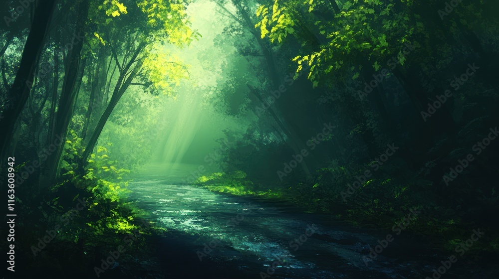 Poster misty forest path with sunlight streaming through trees.
