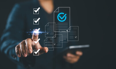 Checklist business performance monitoring concept, Business using tablet online survey filling out...