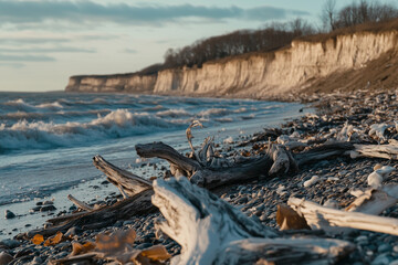 A beach with rugged cliffs in the background, wild waves hitting the shore, and scattered driftwood, with copy space. Dramatic sunlight.