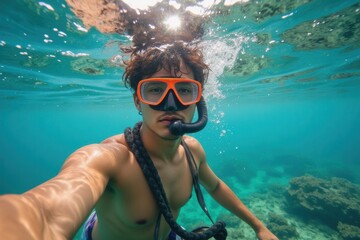 Naklejka premium Young man snorkeling in clear tropical waters with snorkel gear