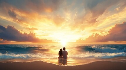 Intimate beachside evening, couple embracing, soft waves caressing the shore, serene atmosphere, love and tranquility in nature's embrace