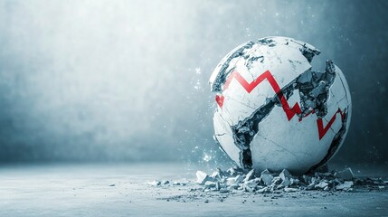 Cracked globe highlighting economic decline with red arrows, symbolizing global financial challenges and instability