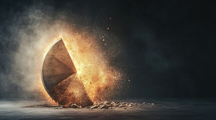 Dramatic financial collapse depicted through a crashing pie chart, intense lighting enhances the sense of urgency and turmoil