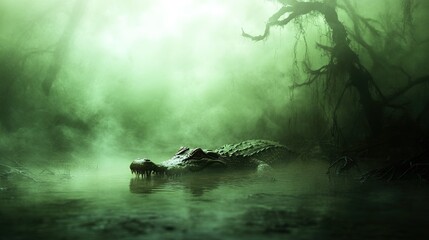 Crocodile breaking surface in murky swamp water, surrounded by vibrant green algae and dense foliage, evoking a sense of primal wilderness