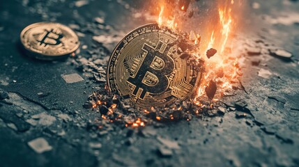 Bitcoin collapse, digital currency fragments scattering, market turmoil, financial instability, investment panic, economic repercussions
