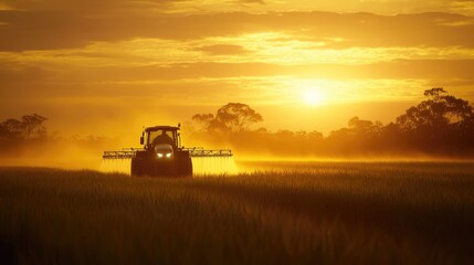 Fototapeta premium A tractor operates in a field during sunset, creating a serene agricultural scene.
