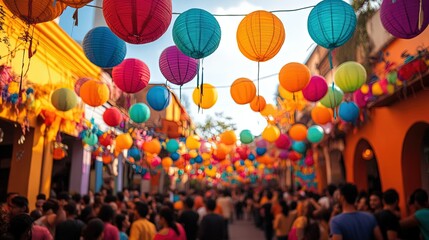 Obraz premium Vibrant Cultural Festival in a Traditional Town Square with Colorful Decorations and a Joyful Crowd Celebrating Together