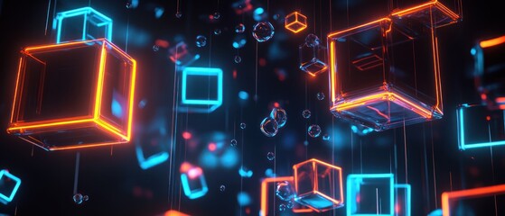 Fototapeta premium Abstract glowing neon cubes and particles floating in dark space.