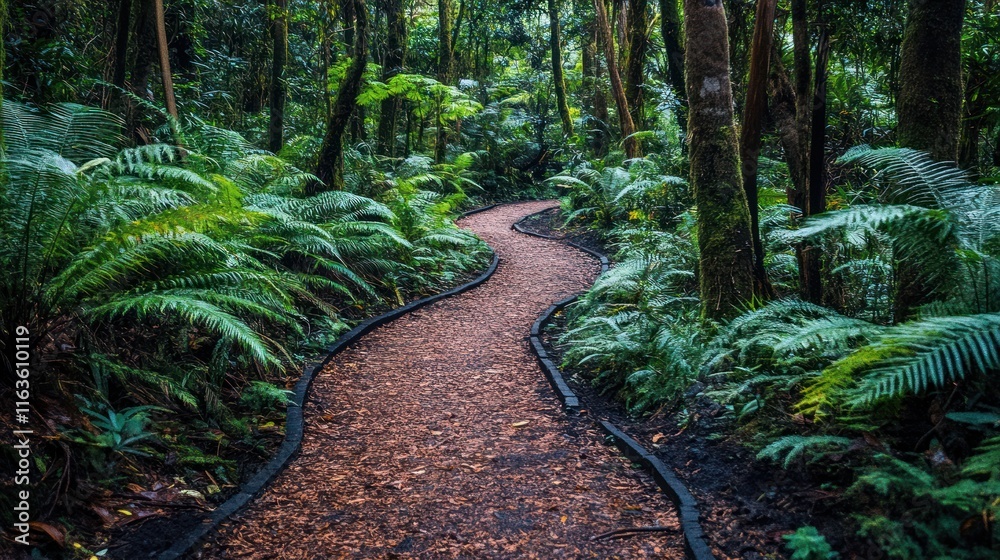 Poster winding path through lush, green rainforest with ferns and trees.