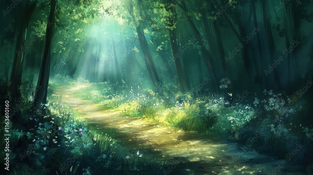 Poster sunlit path winding through a lush, green forest.