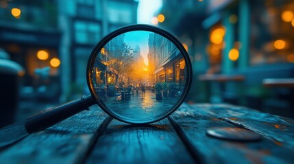 Explore a vibrant urban evening through a magnifying lens, capturing the essence of street life and glowing lights
