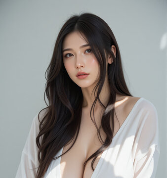 Young Female Model - Beautiful Woman with Perfect Features - Perfect Smooth Skin and Dark Brown Long Hair - Brown Eyes. Plump Lips, Attractive Body - Fashion, Cosmetics, Profile Portrait