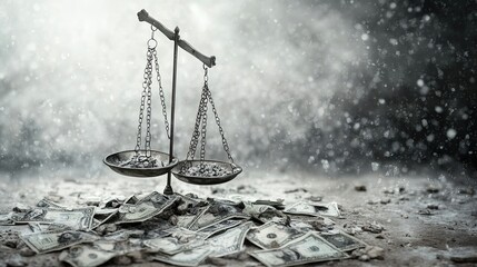 Economic turmoil depicted, scales unbalanced, chaos in financial systems, stark contrast of wealth and poverty, urgent call for change