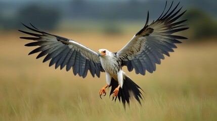 Obraz premium The secretarybird, found exclusively in Africa, is a striking bird of prey known for its remarkable appearance and hunting prowess.