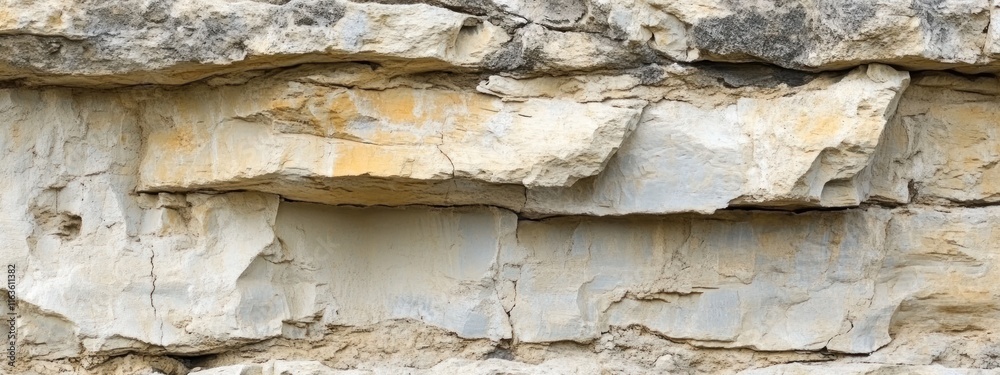 Poster close-up of layered rock face, showing texture and color variations in beige, grey, and yellow tones