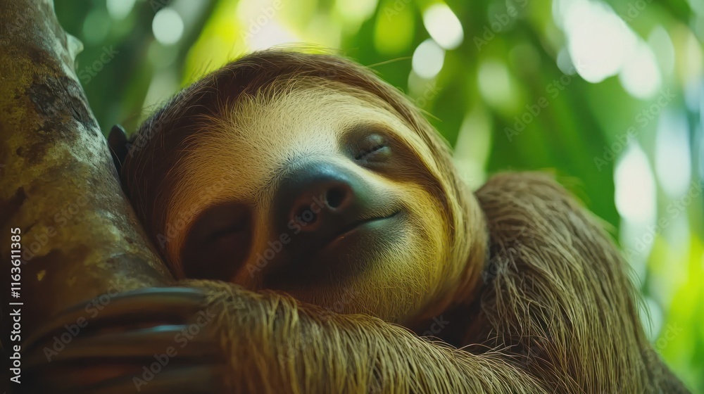Poster close-up of a sleeping sloth clinging to a tree in a lush green forest.