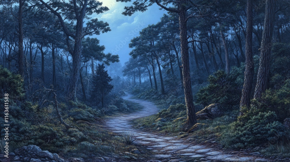Poster moonlit forest path winding through tall trees and shrubs under a night sky.