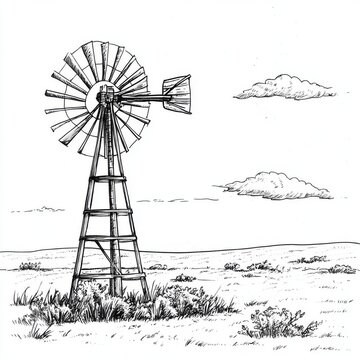 Line drawing of a vintage windmill in a field under a partly cloudy sky.