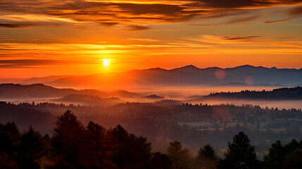 Fototapeta premium Spectacular Display of A Yellow Sunrise Adorning The Horizon With A Golden Hue. A Beautiful Dawn Witnessed Amidst Serene Landscapes.