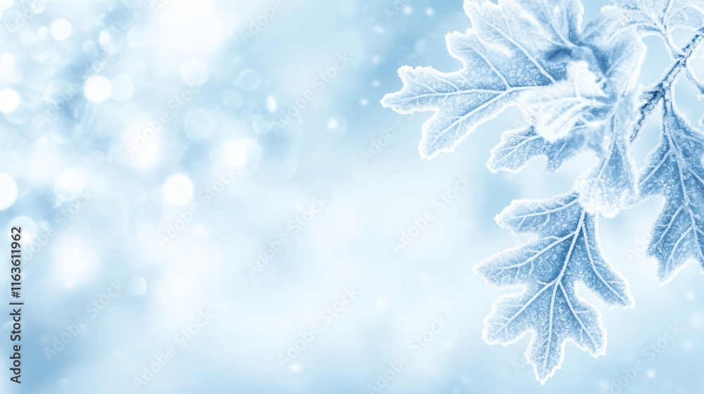 Poster Frosted oak leaves on a branch against a soft blue bokeh background.