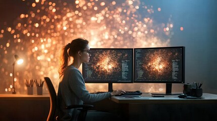Female software engineer analyzing code on dual screens, modern office setting, ambient technology atmosphere, focused work environment