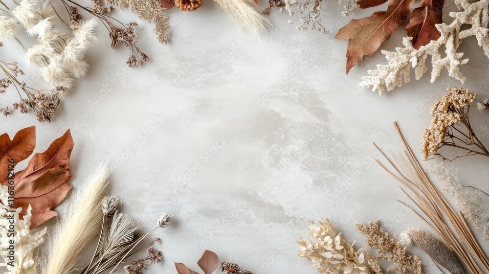 Aufkleber dried flowers and leaves border on a light gray background, creating a frame for text or design.