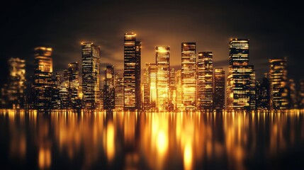 Fototapeta premium Night City Skyline Reflection: Golden Metropolis at Dusk