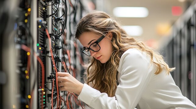 Female engineer fine-tuning server controls, enhancing secure network infrastructure, dynamic modern IT workspace