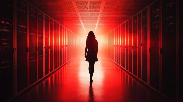 Data analyst optimizing systems in a tech-driven data center, vibrant server racks, advanced technology in action