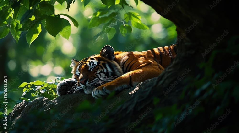 Poster a majestic tiger rests peacefully on a tree branch in a lush green forest, dappled sunlight filterin