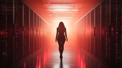 Female IT technician in a sleek data center, illuminated by LED server racks, emphasizing cybersecurity and data integrity.