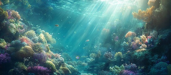 Obraz premium Vibrant coral reef underwater scene with sunlight.
