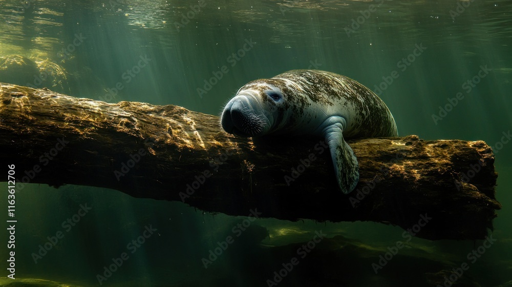 Poster underwater shot of a manatee resting on a log in sunlit water.