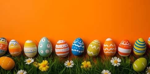 Row of Painted Easter Eggs on Green Grass and Orange Background