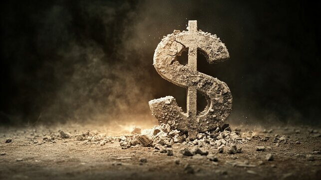 Crumbling Economy, dollar sign disintegrating on a downward graph, symbolizing financial turmoil and instability in the market