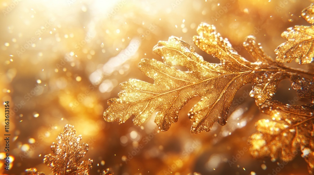 Poster golden autumn leaves with bokeh effect, sunlight shining through.